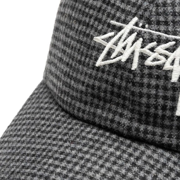STUSSY WOOL CHECK BIG STOCK LOW PRO CHARCOAL CAP HAT One Size Embroidered Logo - Picture 2 of 5